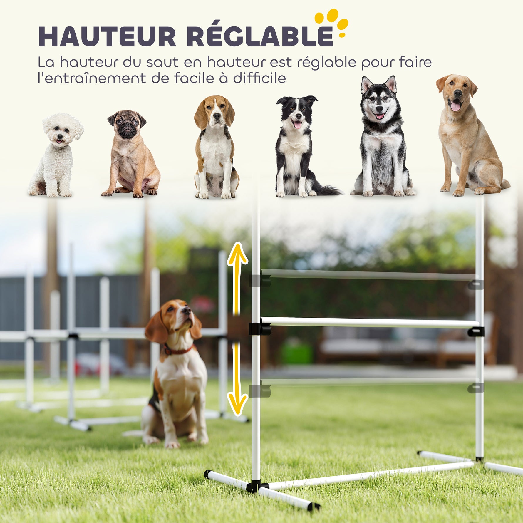 Agility pour Chiens, Kit Agility Chien Parcours, Set de 4 Obstacles Professionnels Hauteur Réglable, Système de Maintien au Sol, Sac de Transport, Jeux Intéressants, Entraînement, Blanc