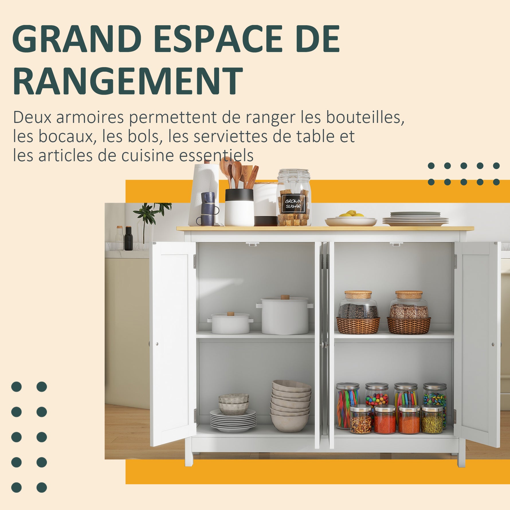 Desserte îlot de cuisine avec 2 tabourets plan de travail rabattable 2 placards avec 4 portes design moderne blanc