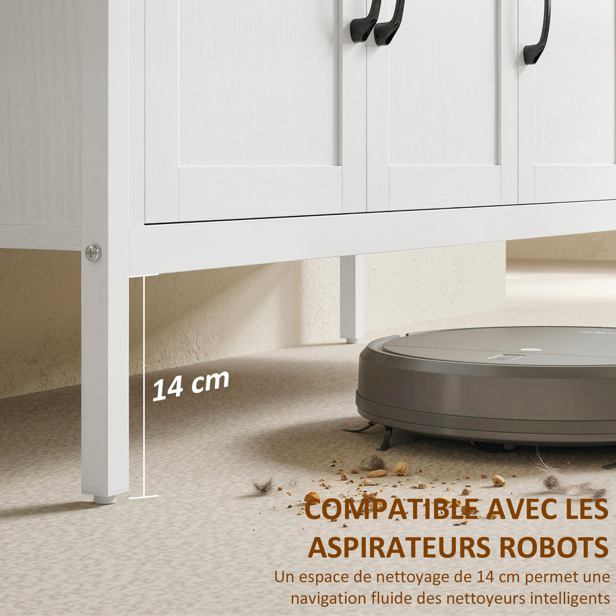 Buffet cuisine, meuble de rangement, 3 portes, 3 tiroirs, compartiment ouvert et étagères réglables, 95x35x88cm, blanc