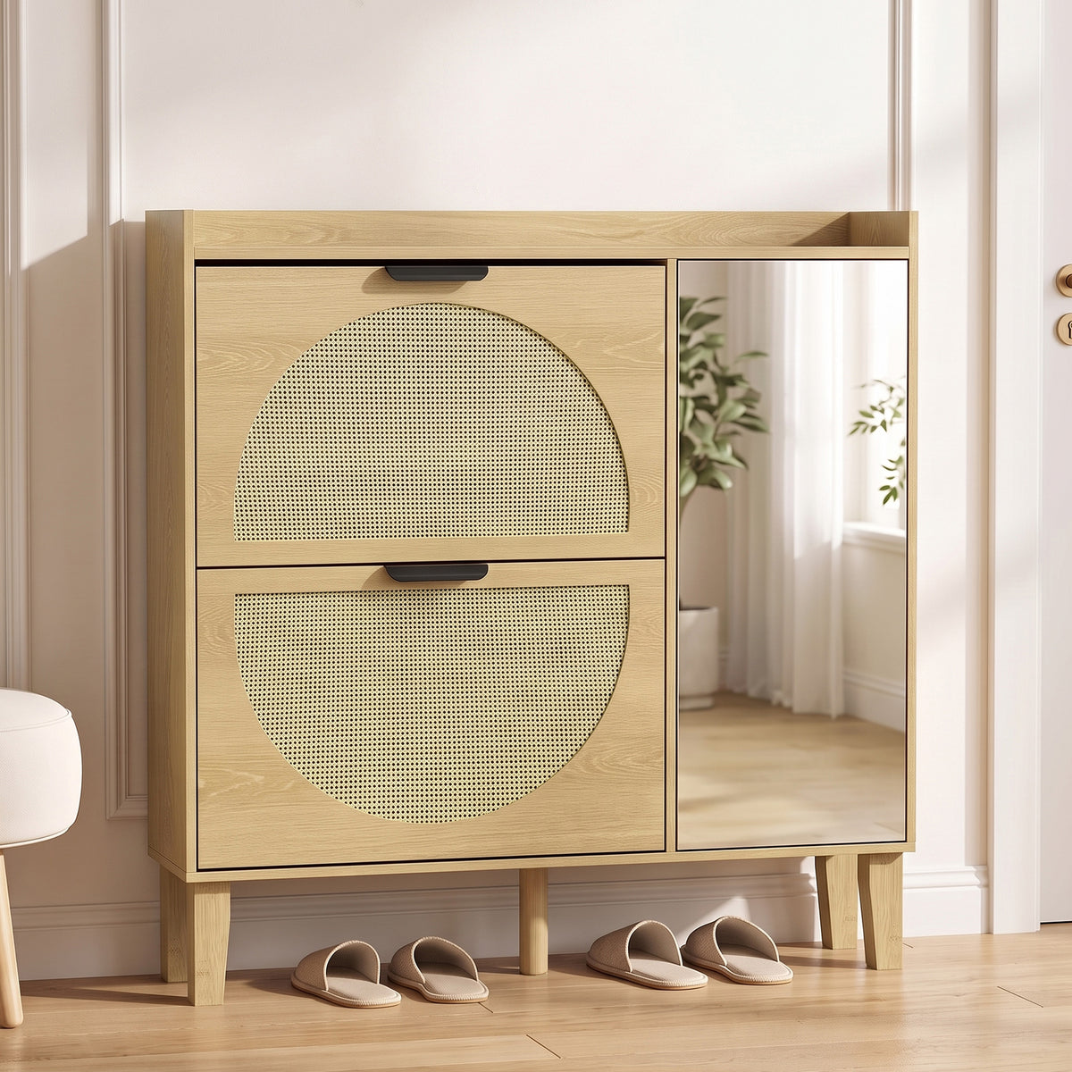 Meuble à Chaussures 10 Paires, Armoire à Chaussures, Porte en Miroir, 2 Tiroirs Rabattables et Étagères Réglables, Chêne