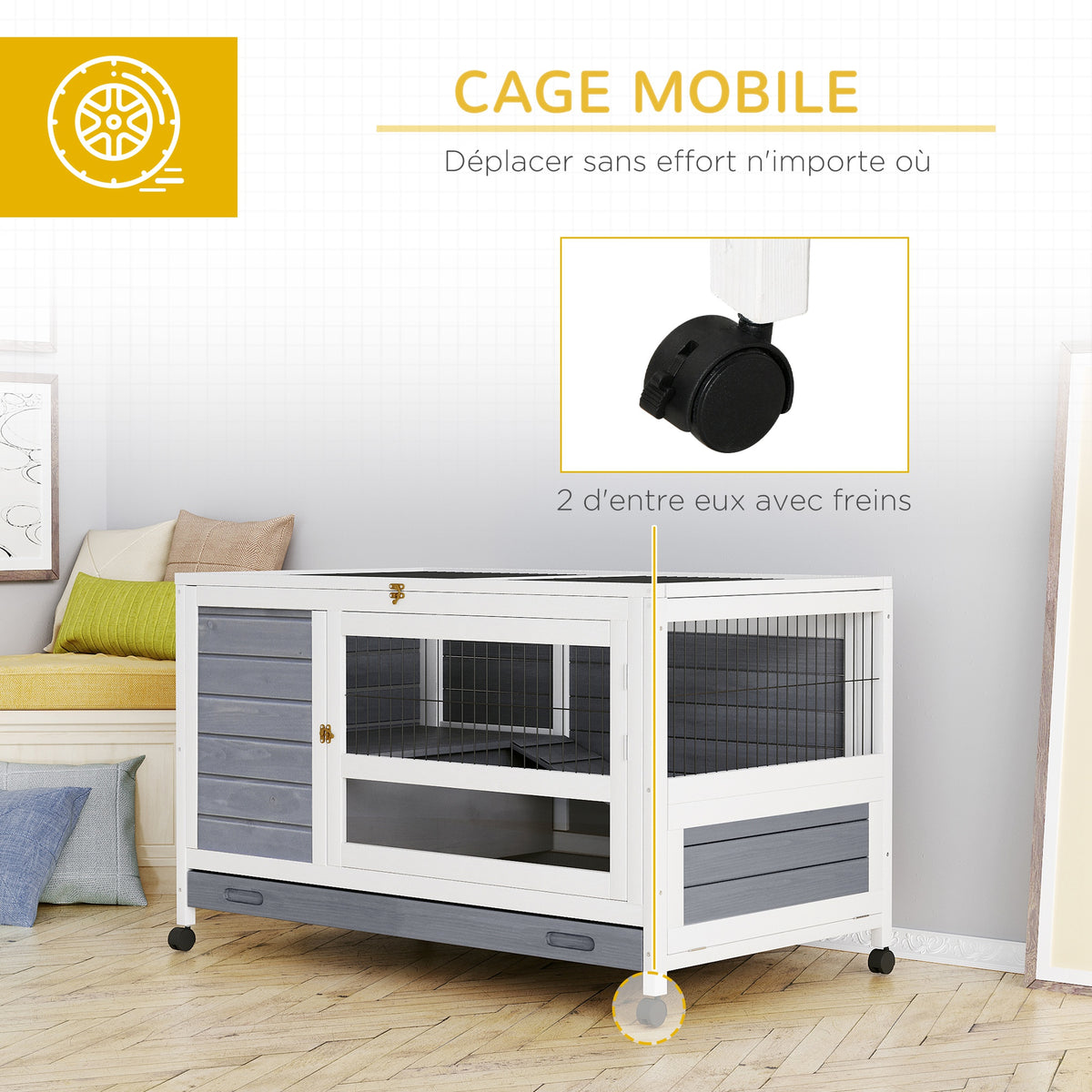 Clapier en bois cage à lapin villa pour lapin avec plateau coulissant, porte verrouillable, dessus ouvrable gris