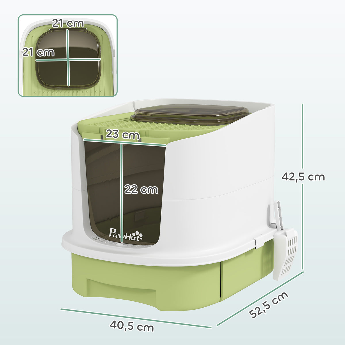 Maison de toilette pour chat bac à litière fermé chat avec porte translucide pelle incluse 40,5 x 52,5 x 42,5 cm vert