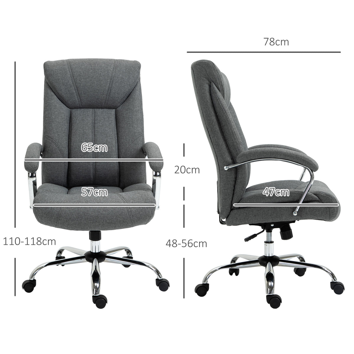 Fauteuil de bureau, chaise de bureau ergonomique, hauteur réglable, dossier haut, fonction de bascule, 65x78x118cm, gris