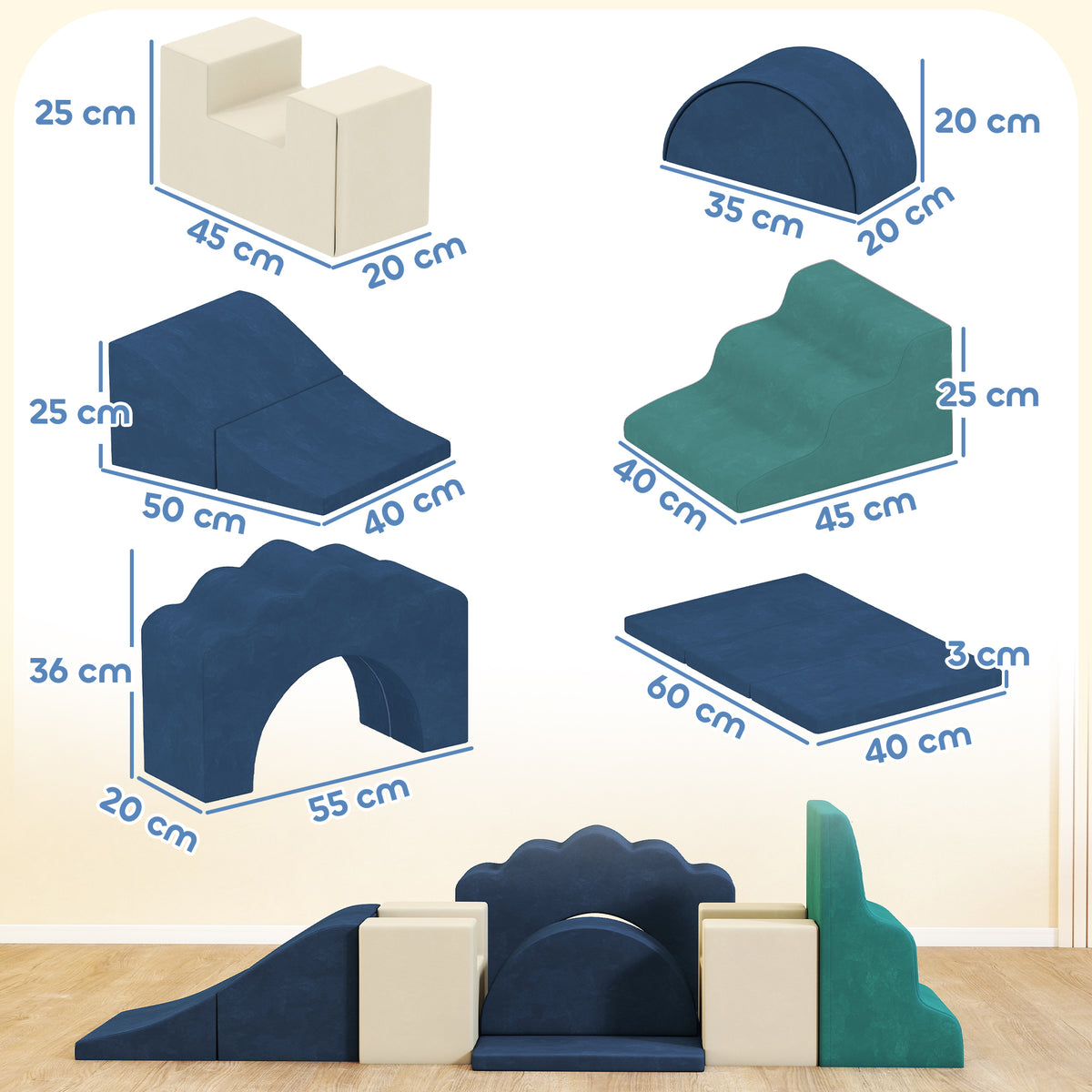 Percorso psicomotorio per neonati 7 pezzi, modulo in gommapiuma con rivestimento in velluto e base antiscivolo, blu