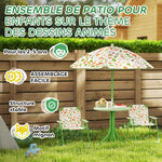 Ensemble salon de jardin extérieur enfant 4 pièces, motif éléphant et girafe, parasol réglable Ø 100 cm, chaise pliable