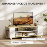 Meuble TV avec roulettes 120 cm, meuble télé pour téléviseur jusqu'à 55 pouces, 2 étagères ouvertes, blanc et naturel