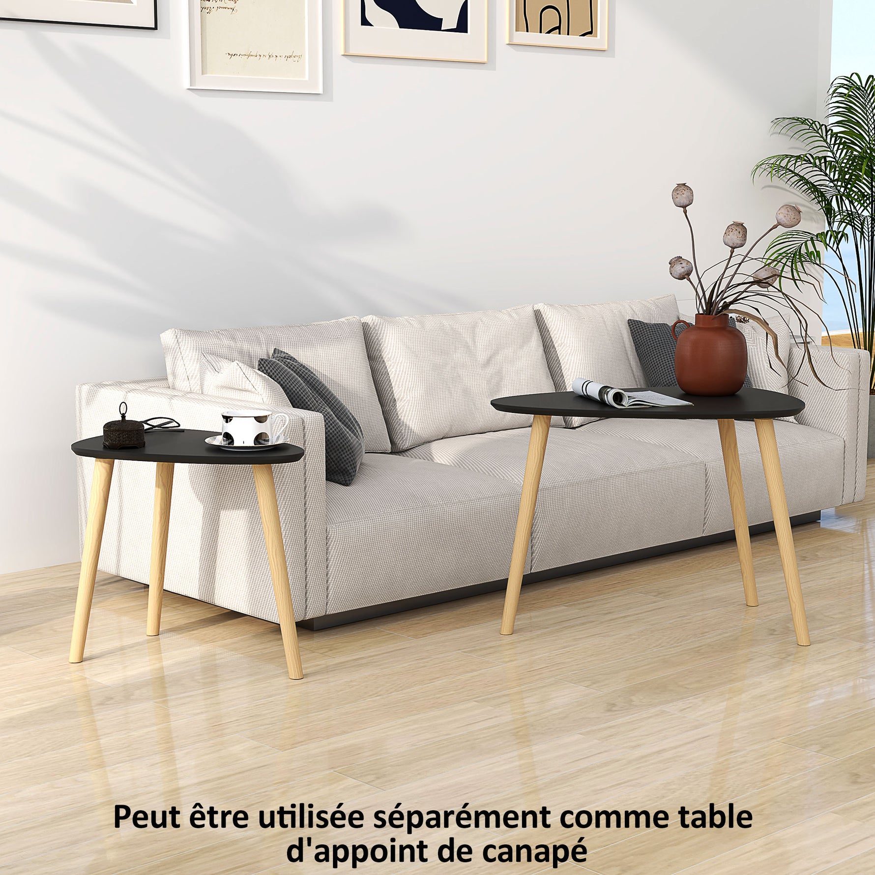 Lot de 2 tables basses gigognes design scandinave pieds en bois et plateau en bois, noir