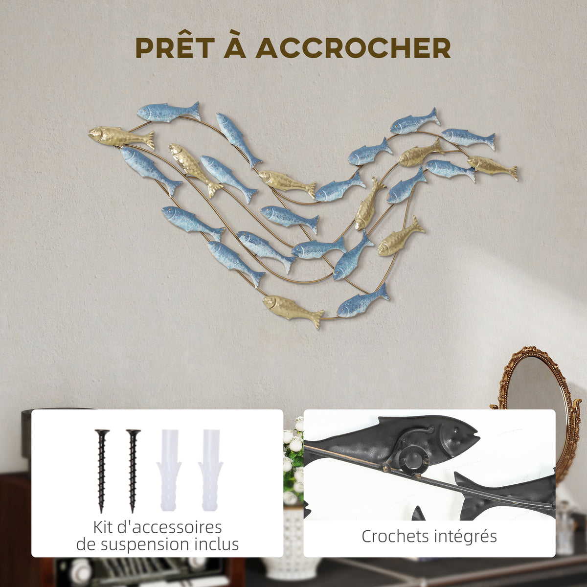 Décoration murale en métal moderne, sculpture murale en métal avec motif de poisson unique, 100 x 50 cm, bleu clair