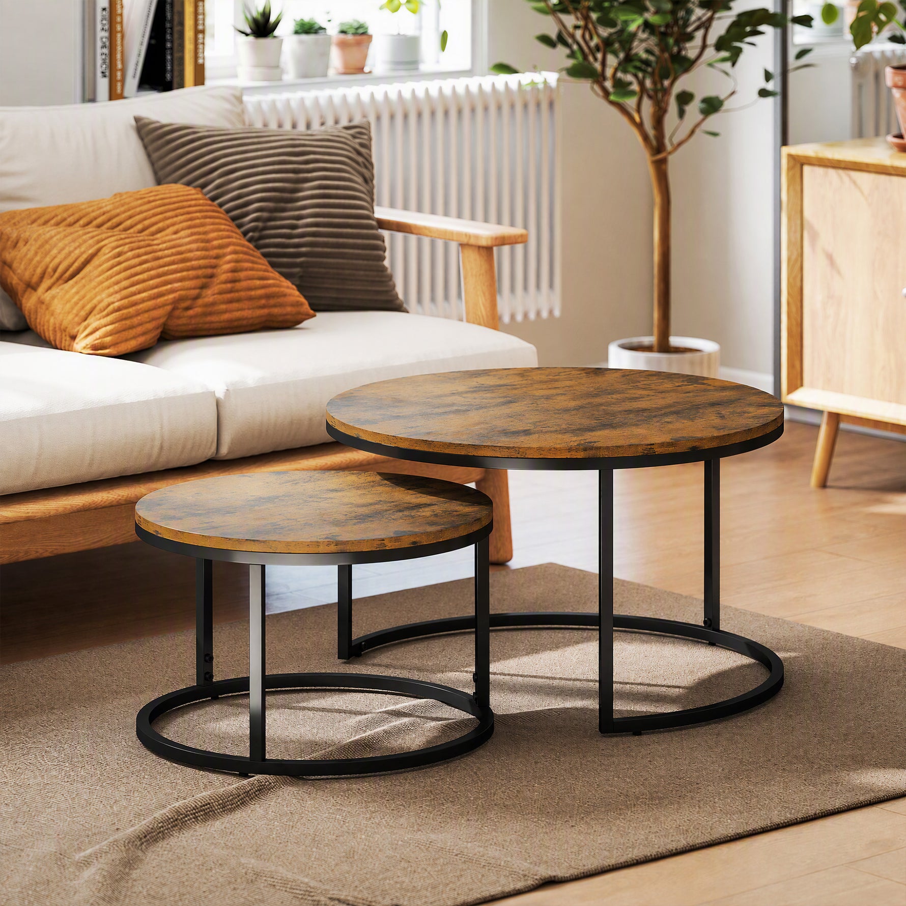 Lot de 2 tables basses gigognes empilable design industriel plateau imitation ciment pieds en métal brun rustique