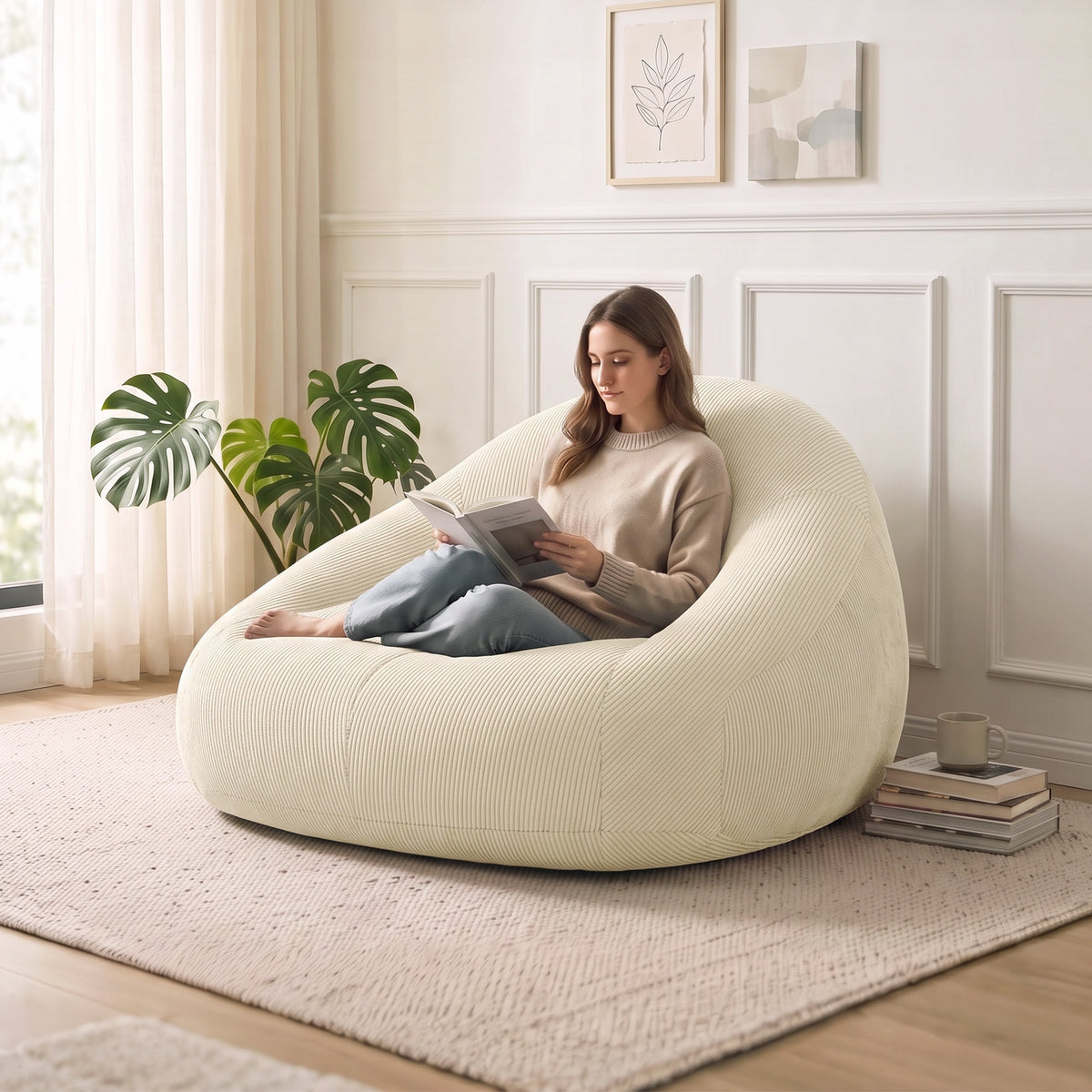 Pouf per adulti in velluto a coste, imbottito in schiuma, forma avvolgente, senza montaggio, 114x121x60 cm, crema