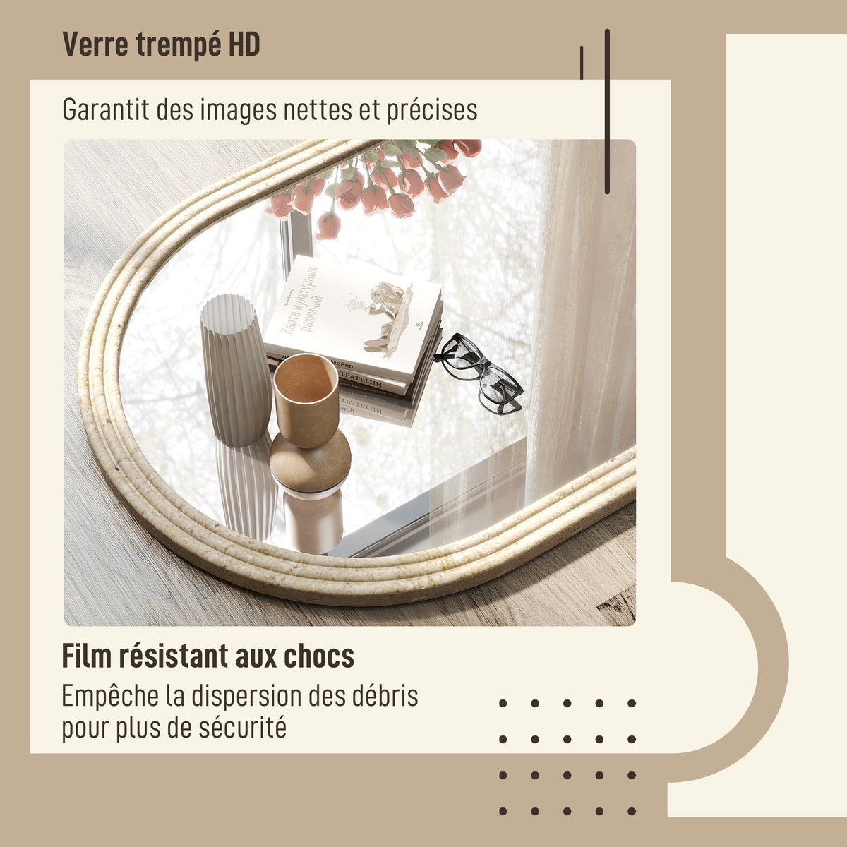 Miroir mural arqué, miroir moderne avec bord rainuré et crochets, verre trempé et polystyrène, 50 x 70 cm, beige