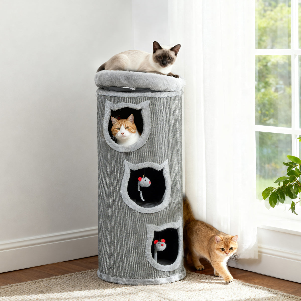 Tiragraffi a colonna, torre per gatti in sisal con bordo in peluche, 3 livelli con piattaforma, stabile, Ø 38 x 96 cm grigio