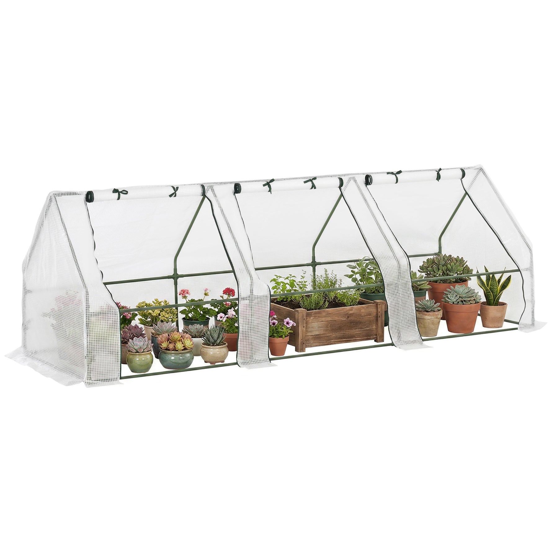 Mini Serre de Jardin Mini Serre Tunnel 270L x 90l x 90H cm Toit Pointu Acier PE Haute Densité 140 g/m² Anti-UV Fenêtres avec Zip Enroulables Blanc