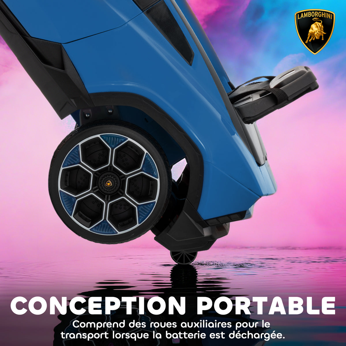 Voiture électrique enfant véhicule électrique Lamborghini 12V télécommande 2,4G et 2 moteurs vitesse max. 4 km/h bleu