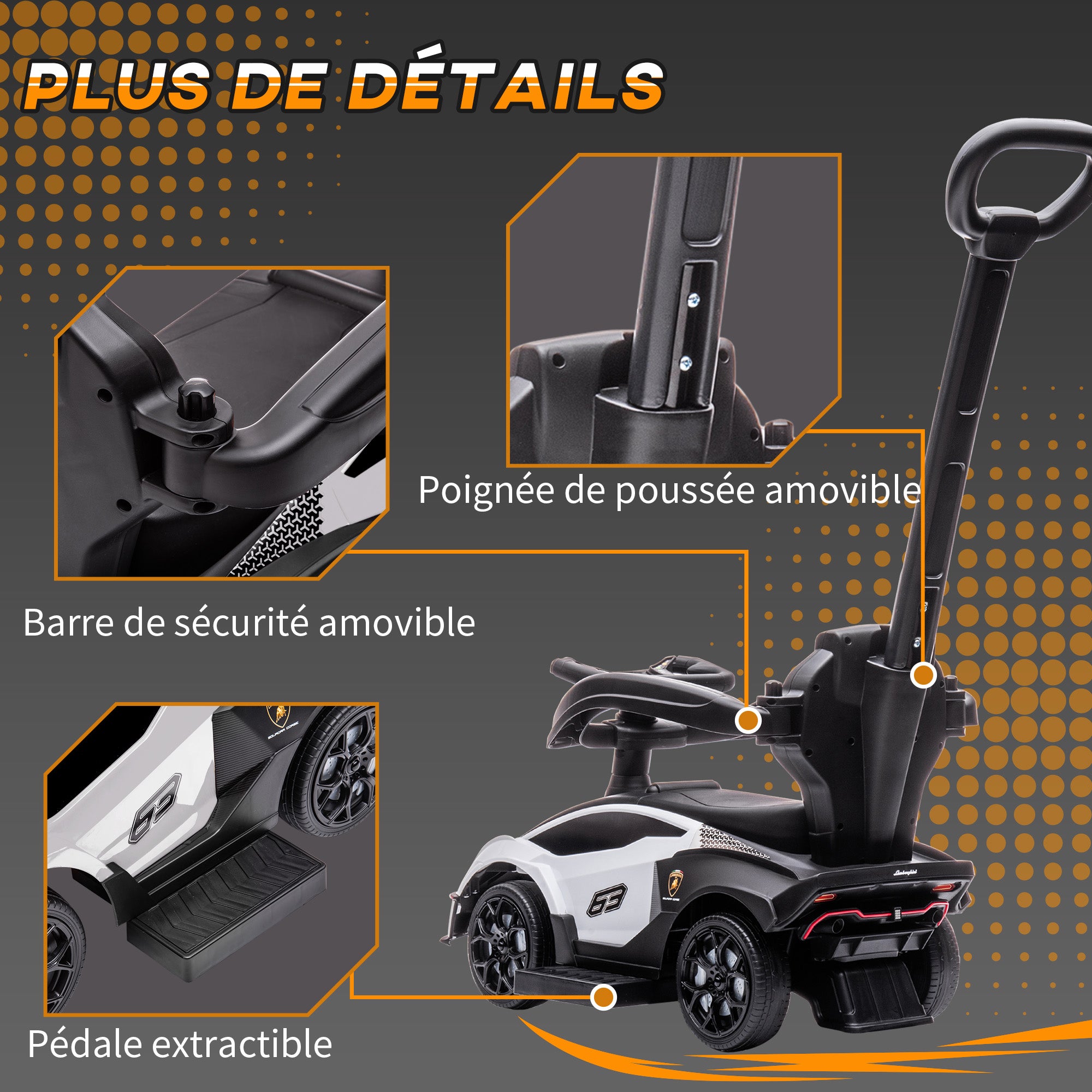 Push car for children, ride-on for kids aged 1 to 3, fully equipped with push handle, horn and steering wheel, White