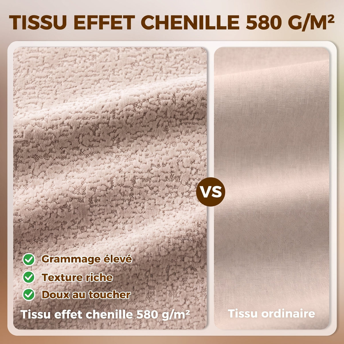 Canapé 3 Places en Chenille 320 cm, Canapé Modulaire, Assise et Accoudoirs Extra-Larges, Entièrement Compressé, Beige