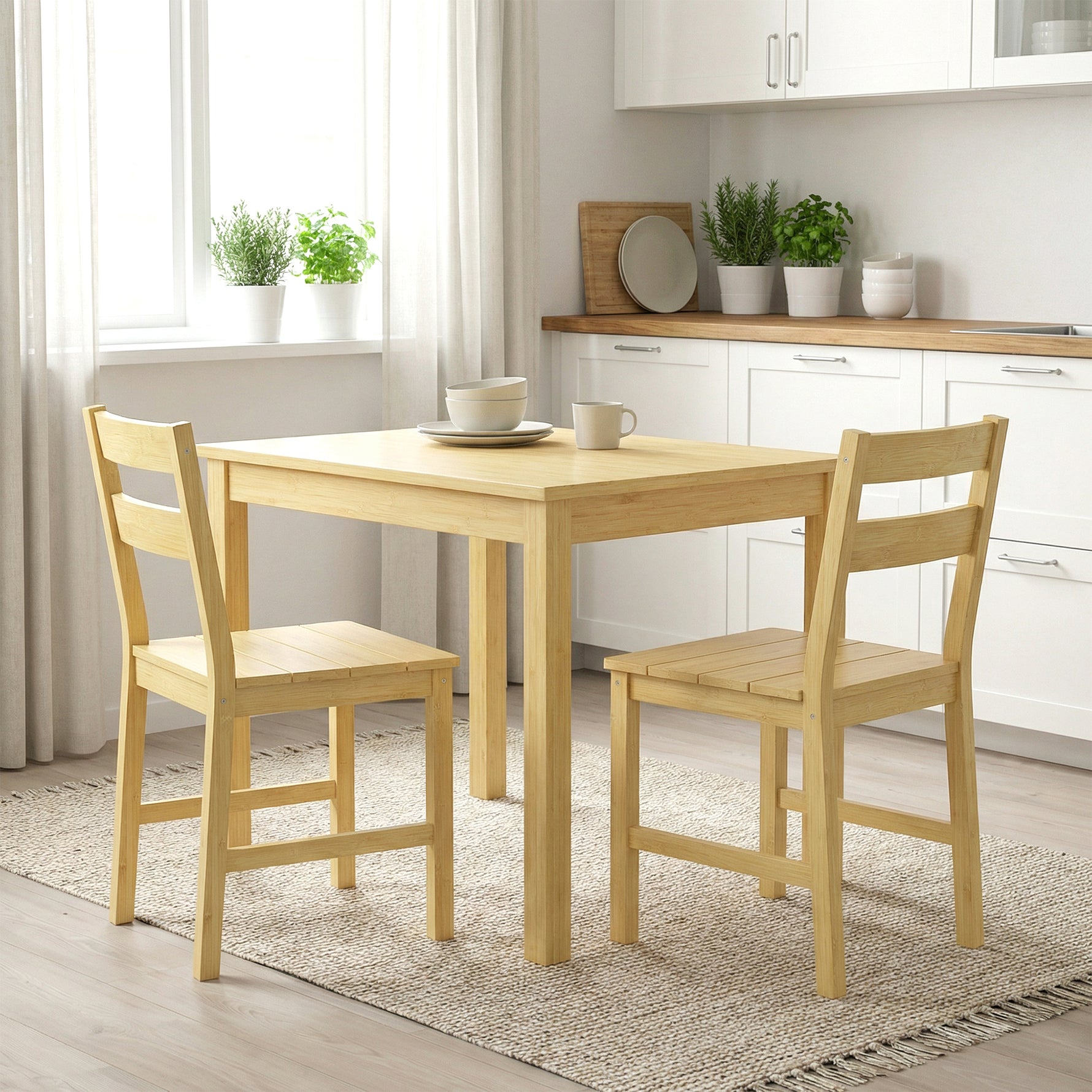 Lot de 2 chaises de salle à manger en bambou, chaises de cuisine sans accoudoirs avec assise à lattes, bois naturel
