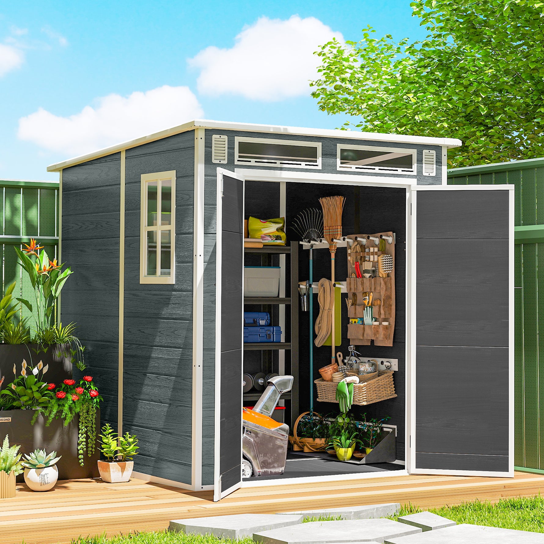 Abri de Jardin en Résine Cabanon de Rangement Double Porte 3 Fenêtres et 2 Aérations Anti-UV avec Plancher 3,3 m² Gris