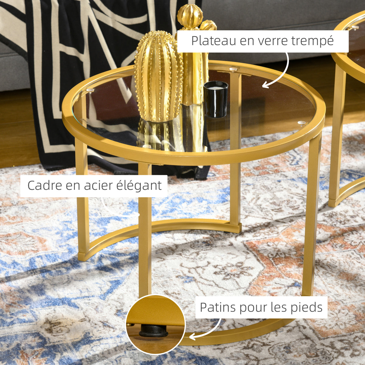 Lot de 2 tables basses gigognes rondes plateau verre trempé et pied en acier au carbone doré