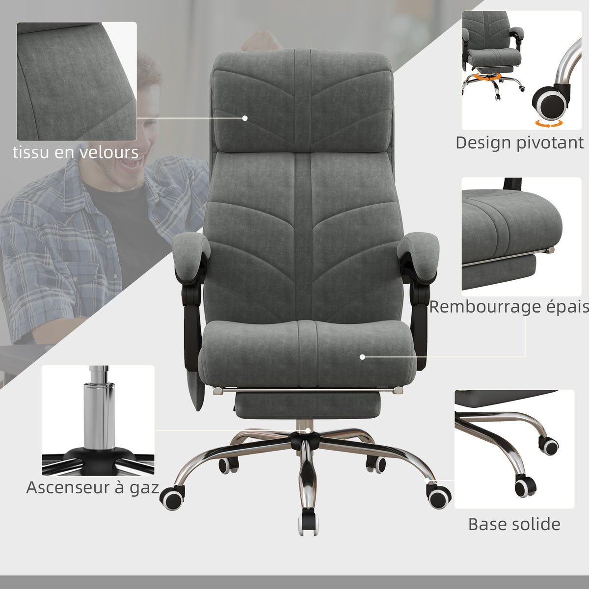 Fauteuil chaise de bureau massant chauffant inclinable avec repose-pieds intégré 5 roulettes gris