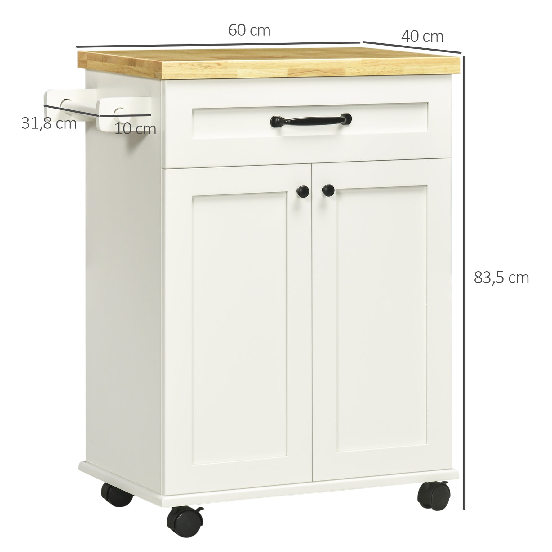 Desserte de cuisine à roulettes multi-rangements 1 tiroir 1 placard 1 portes-torchons blanc et plateau en bois