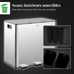 Poubelle de cuisine, poubelle tri sélectif, 3 compartiments de 15L, seaux intérieurs amovibles, 61,9x36,6x43,2cm, argent