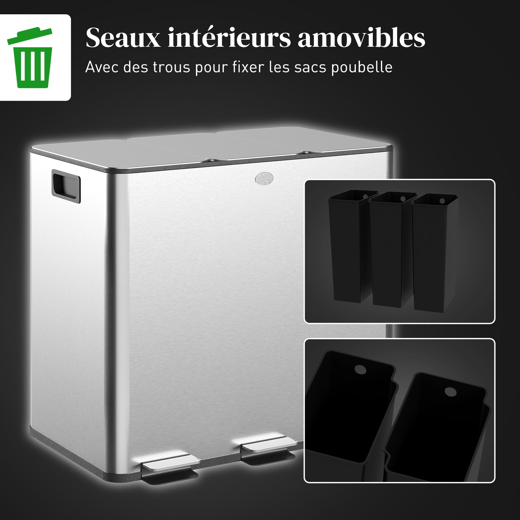 Poubelle de cuisine, poubelle tri sélectif, 3 compartiments de 15L, seaux intérieurs amovibles, 61,9x36,6x43,2cm, argent