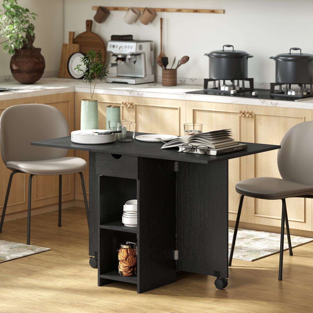 Klapptisch, ausziehbarer Küchentisch für 2 bis 4 Personen, 2 Klappflügel, 120 x 72 x 75 cm, Schwarz