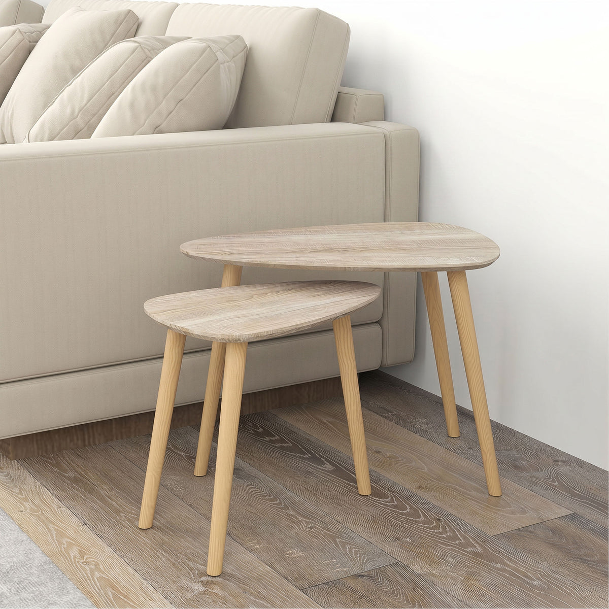 Lot de 2 tables basses gigognes design scandinave pieds en bois et plateau en bois, aspect naturel