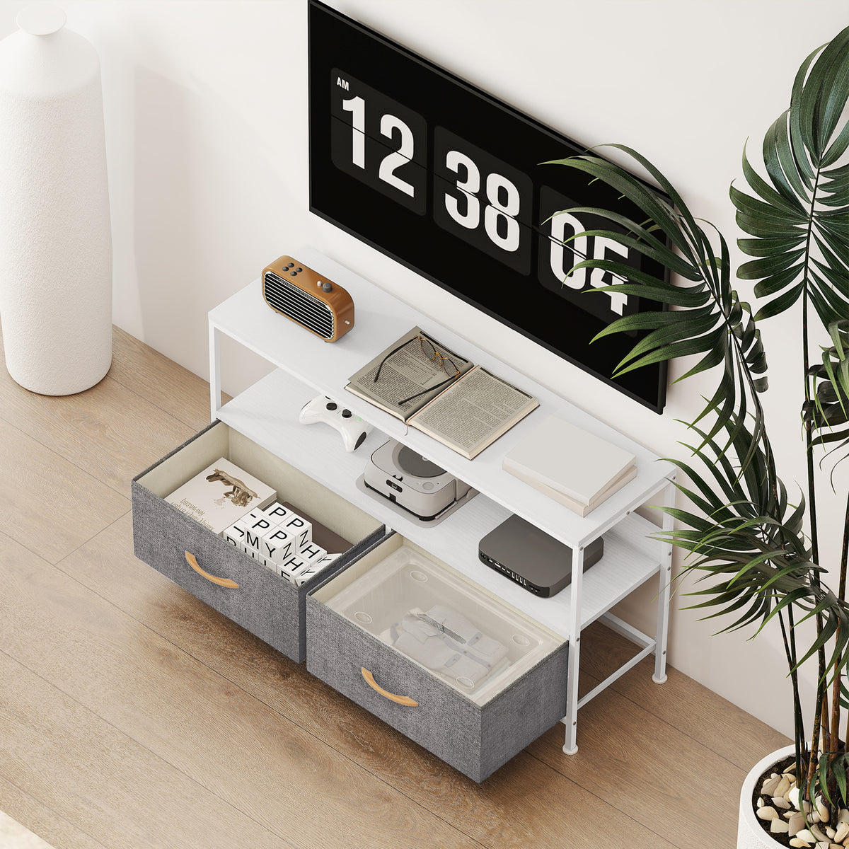 Meuble TV, meuble télé pour téléviseur jusqu'à 47 pouces avec 2 tiroirs et pieds en acier, 98 x 29 x 56 cm, gris clair