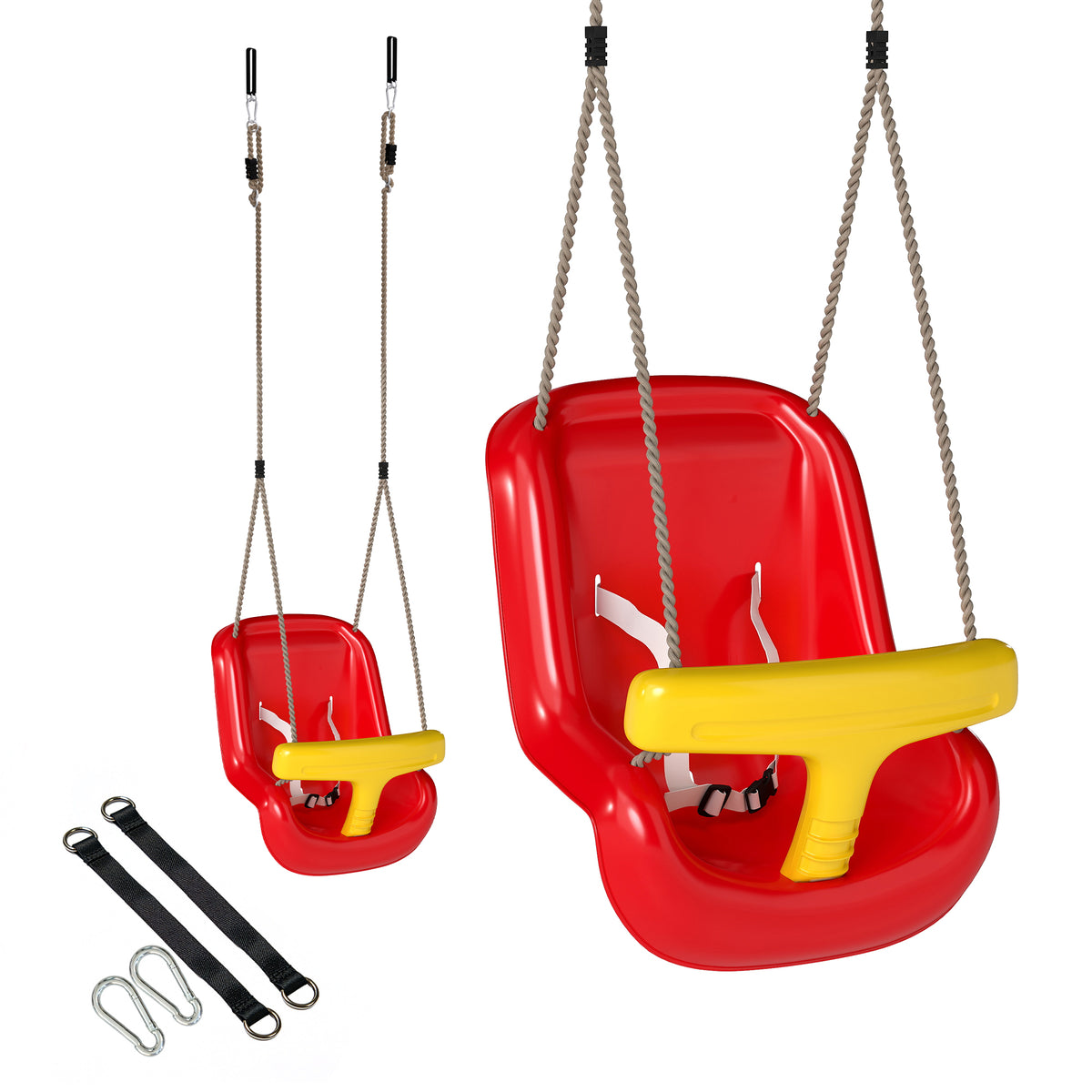 Balançoire pour enfants, balançoire bébé extérieure, dossier haut, barre de sécurité, hauteur ajustable, rouge et jaune