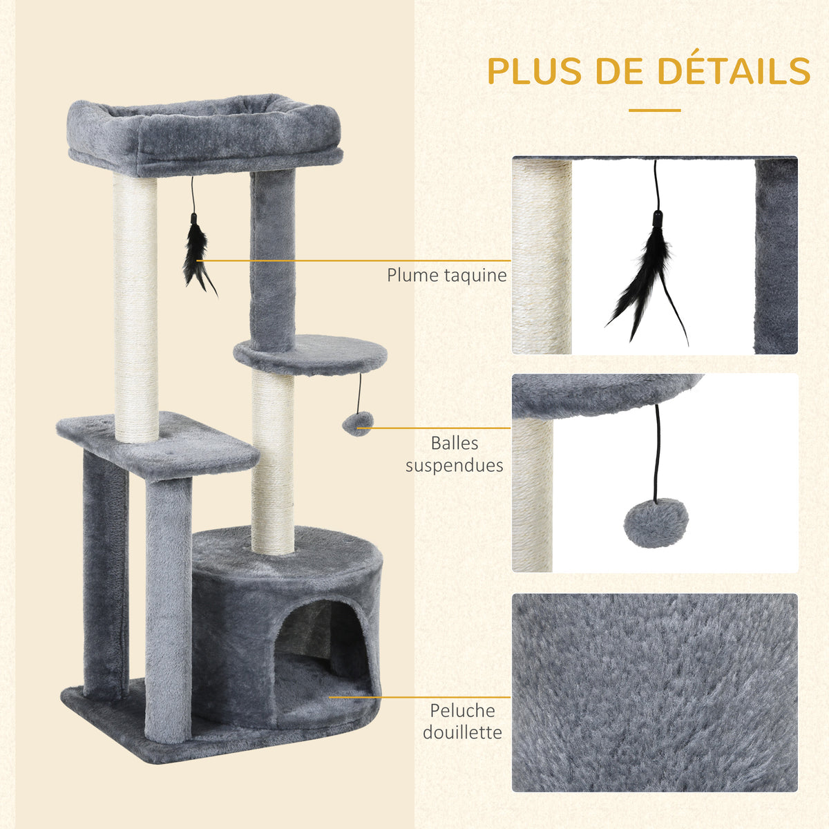 Arbre à chats avec griffoirs grattoirs sisal naturel centre d'activités niche plateformes 2 jouets suspendus gris