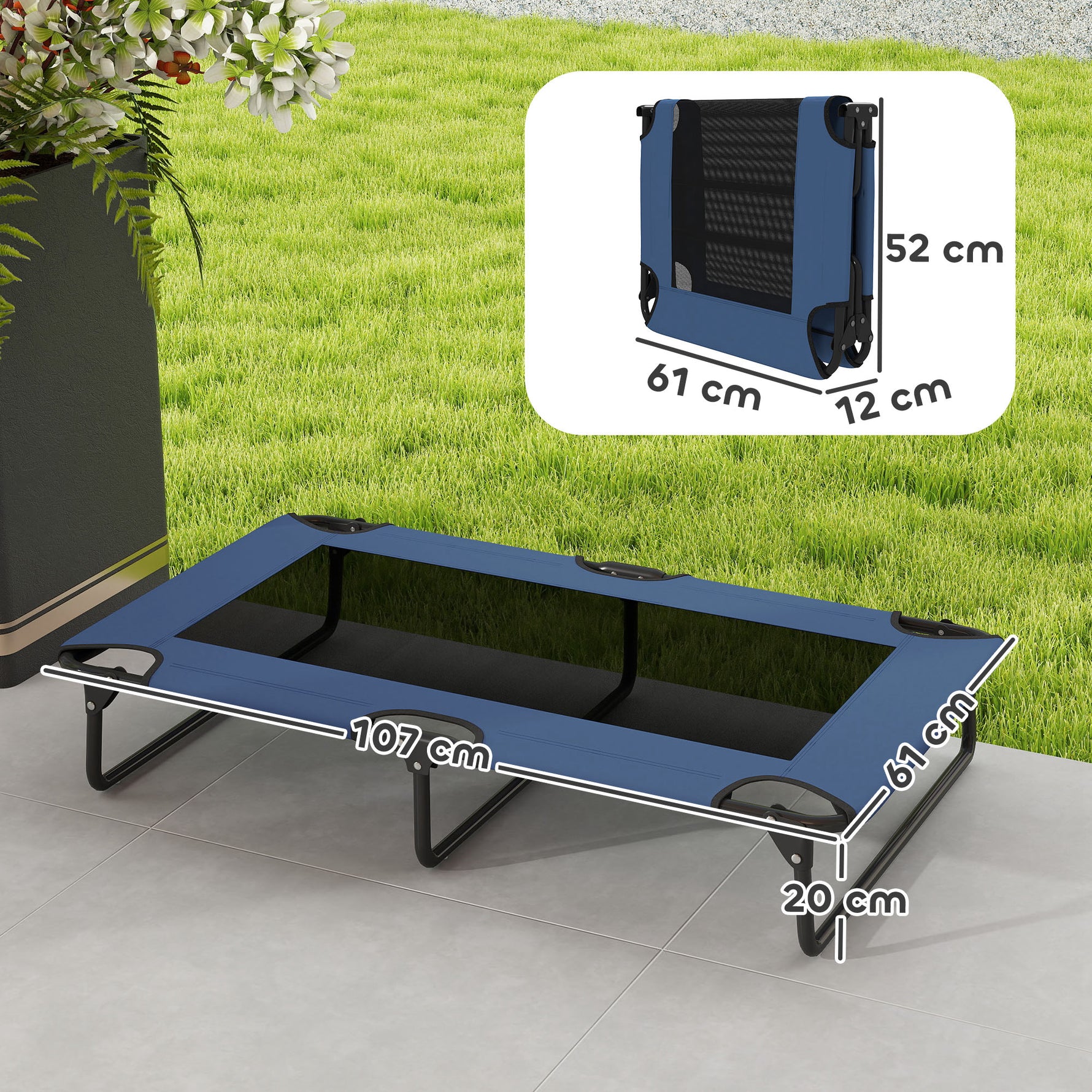 Lit surélevé pour chiens pliable rafraîchissant, lit de camp pour animaux en maille respirante 107x61x20cm bleu foncé