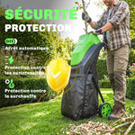 Broyeur de Végétaux Électrique 2500 W, Broyeur de Branches avec Sac de Collecte 45L, 4300 tr/min, 44x34x96cm, Vert