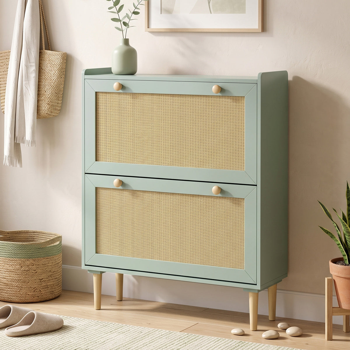Meuble à chaussures 12 paires, armoire à chaussures avec 2 tiroirs rabattables, étagères réglables, 80x26x101 cm, vert