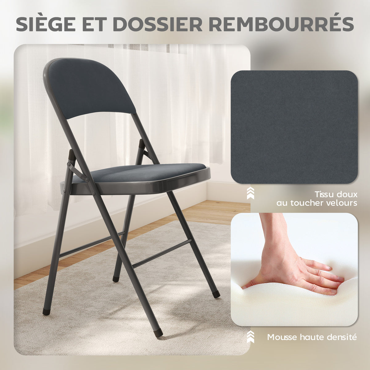 Lot de 4 chaises pliantes et portables intérieur avec assises et dossiers rembourrés en velours, cadre en acier, gris foncé