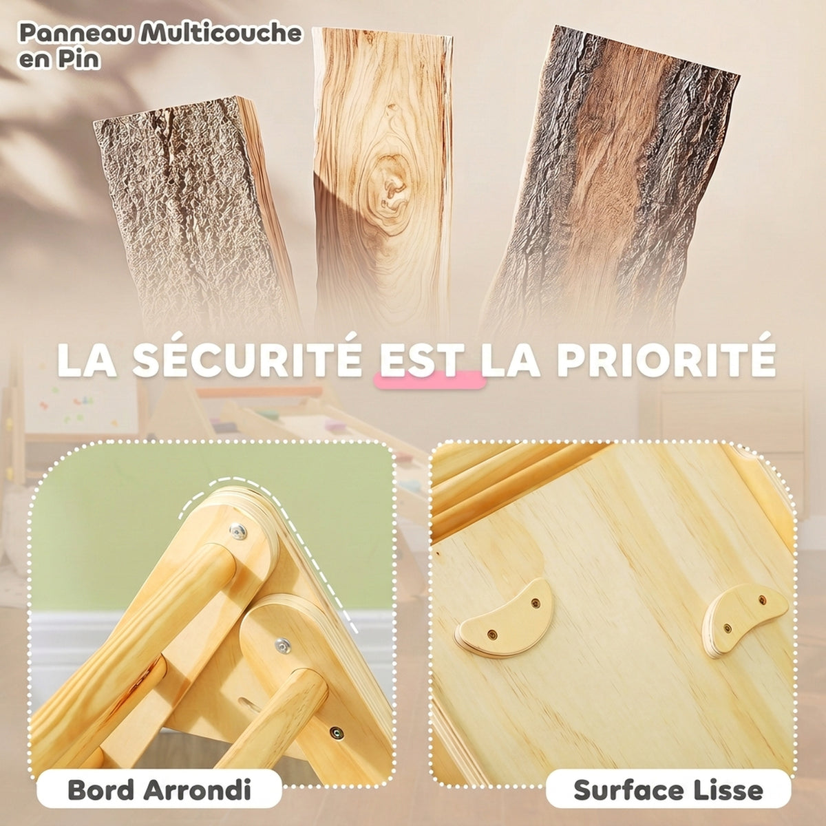 Triangle d'escalade, 3 en 1 en bois pour grimper et glisser, charge max. 50 kg, pour 18-48 mois, bois naturel