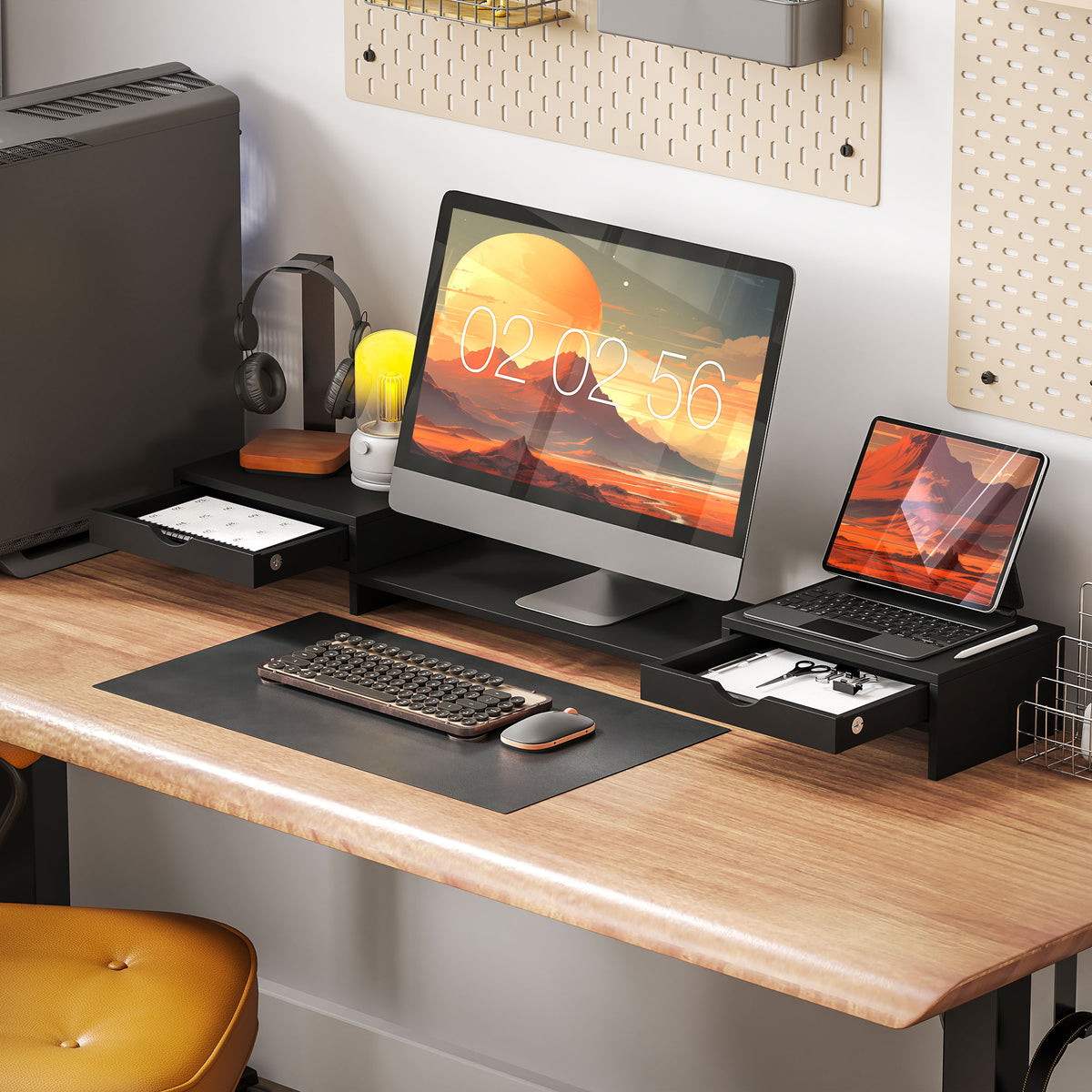 Rehausseur Écran PC Bureau, Support d'Écran d'Ordinateur de 60-116 cm avec 2 Tiroirs, Longueur et Angle Réglables Noir