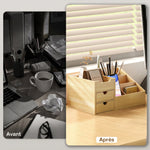 Boite de Rangement de Bureau - Organiseur de Bureau - 7 Compartiments, 2 tiroirs - Bambou Verni, Bambou