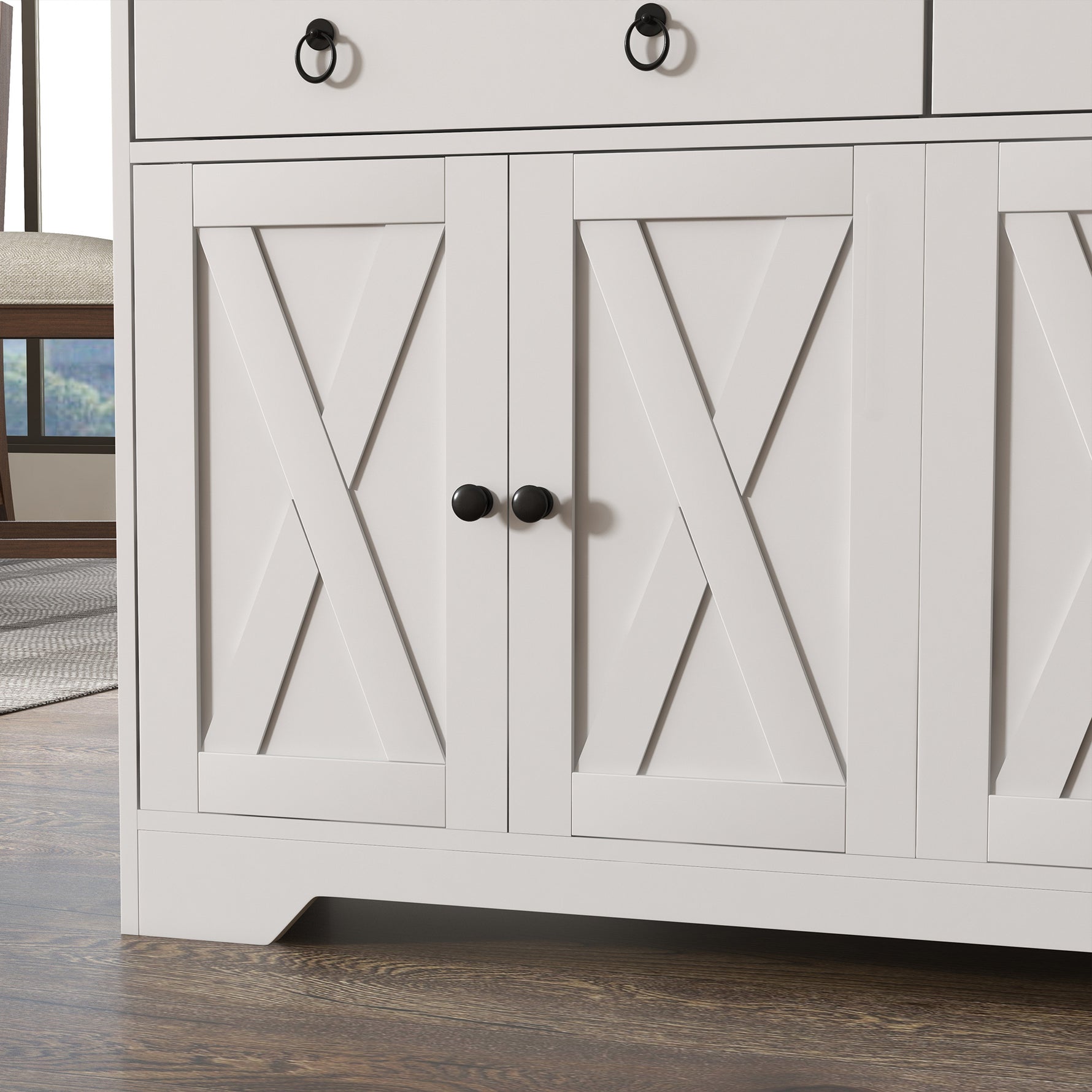 Buffet meuble de rangement armoire de cuisine style rural 2 tiroirs et 2 placards étagères à hauteurs réglables blanc