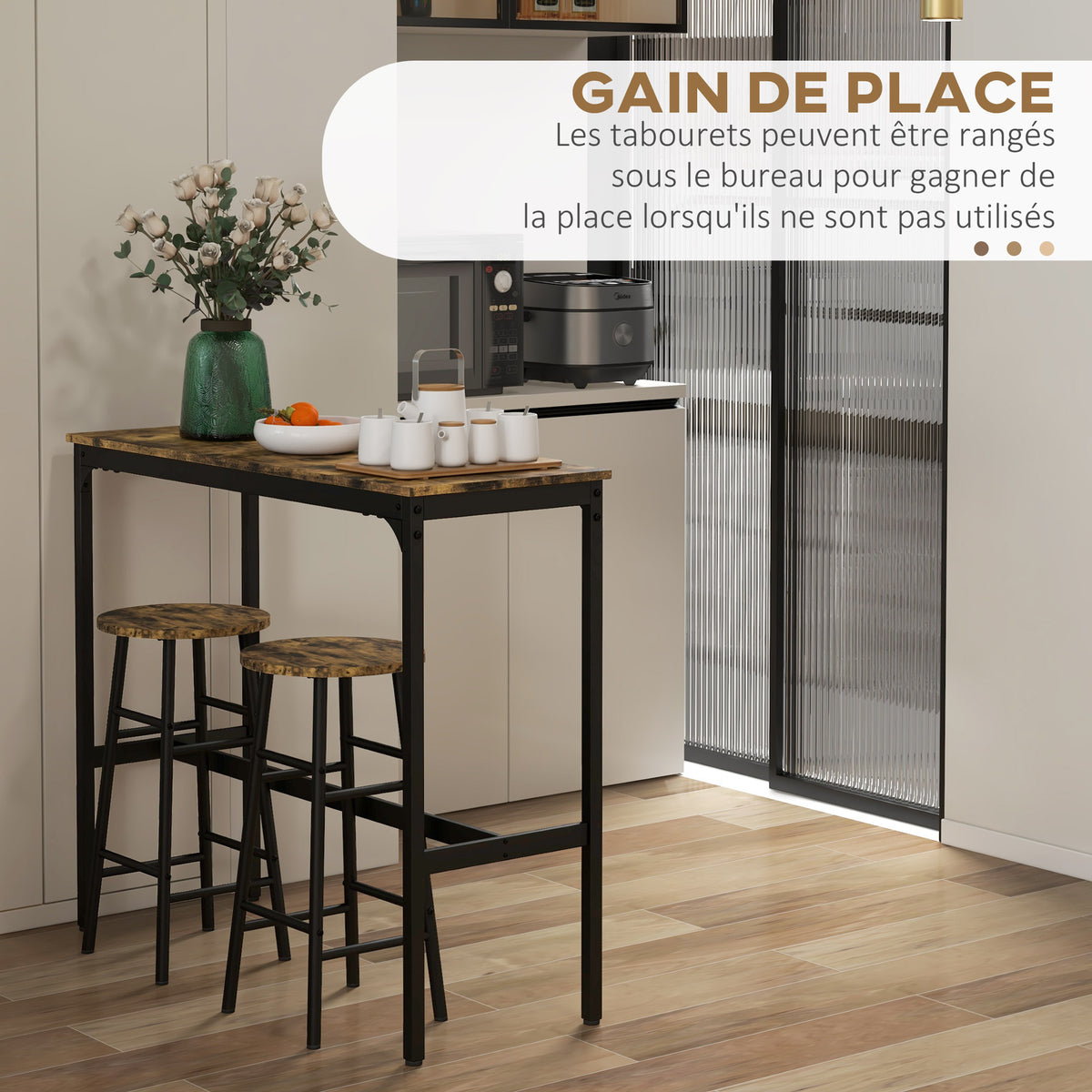 Conjunto de mesa alta de bar + 2 taburetes, estructura de acero, tablero con efecto madera de caoba, para 2 personas, negro