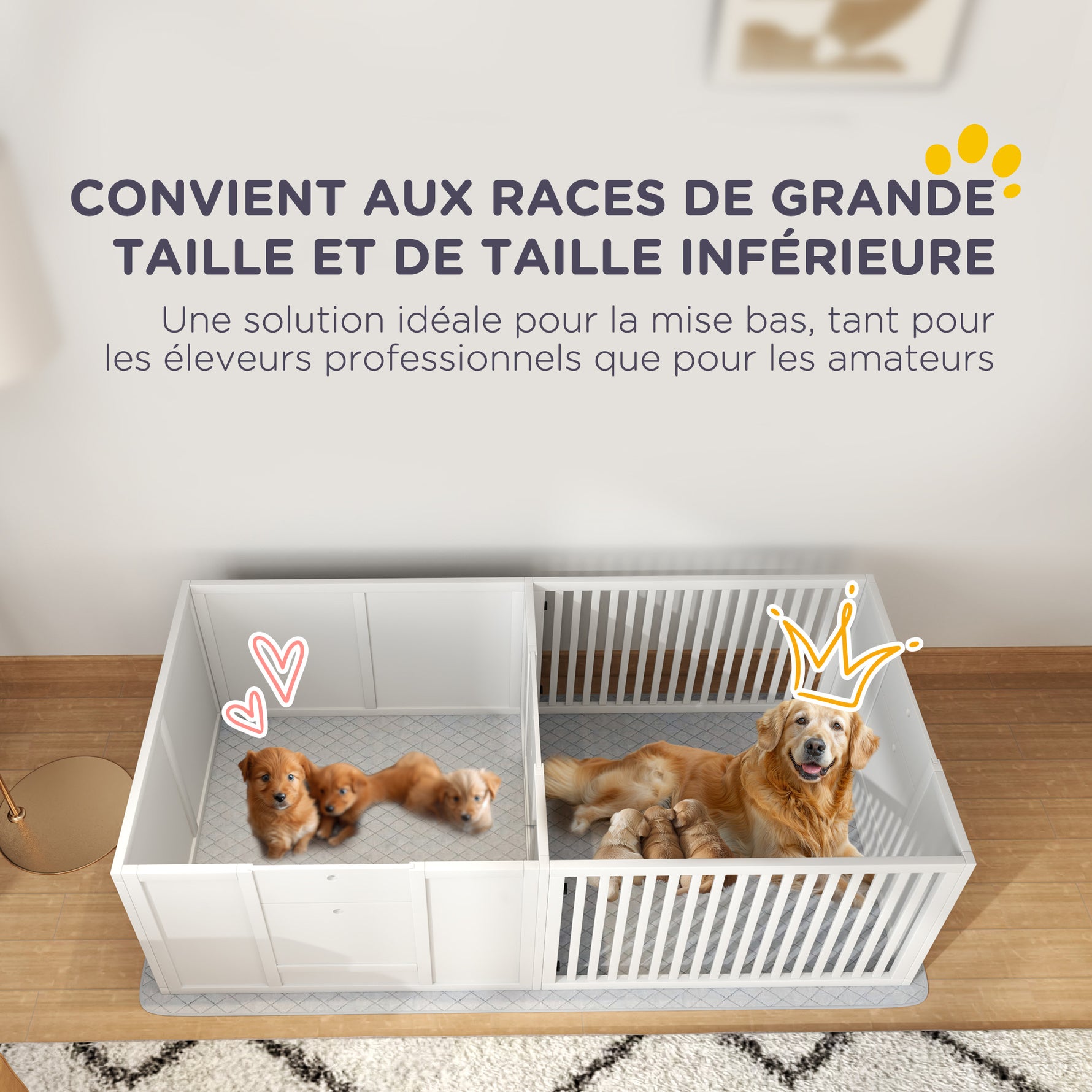 Boîte de mise bas pour chiens et chiots, parc de mise bas pour chiens porte à hauteur réglable 166 x 80 x 50 cm, blanc