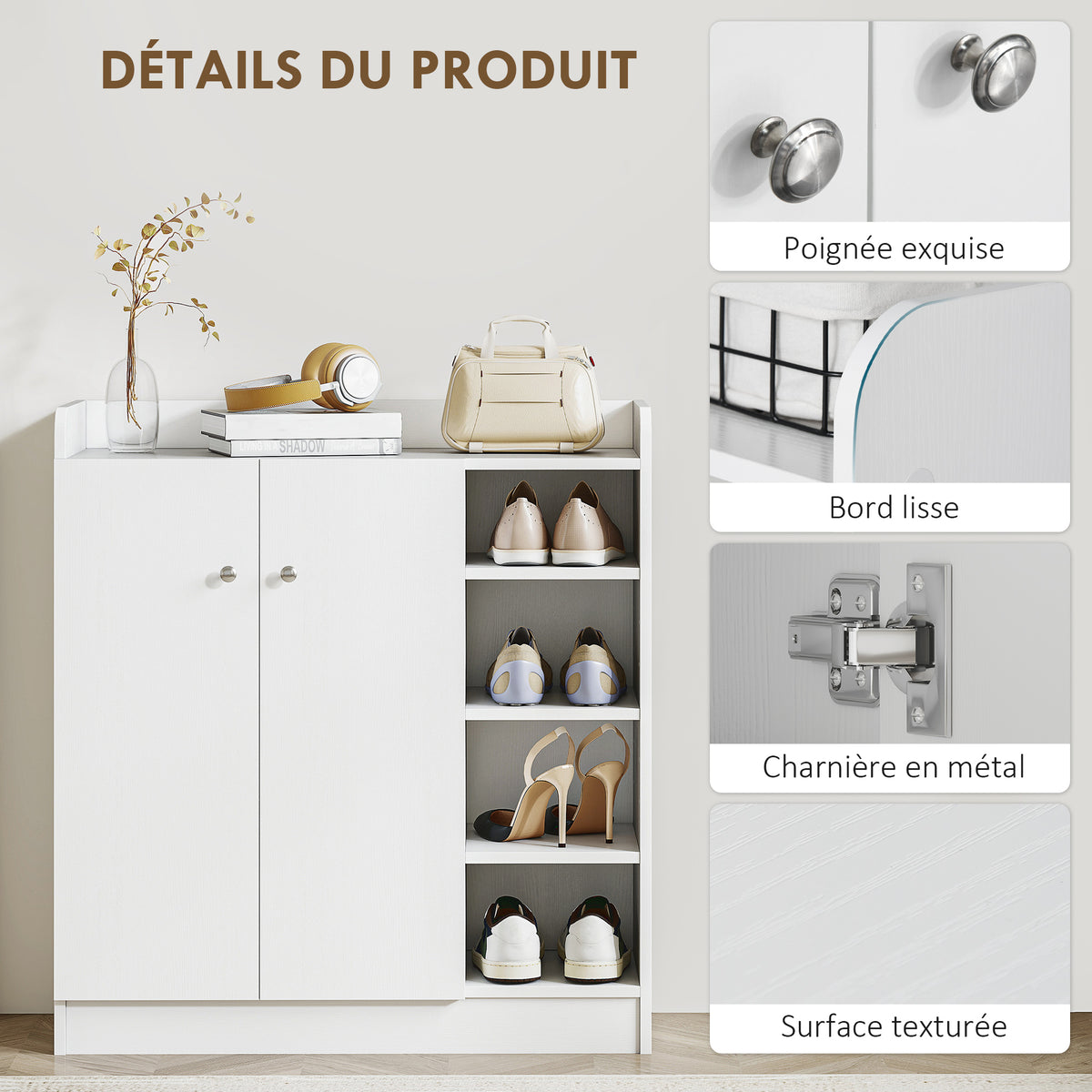 Meuble de rangement à chaussures pour entrée 12 paires - armoire à chaussures avec 4 compartiments ouverts et placard double porte - étagère réglable - 83L x 30l x 90H cm - blanc