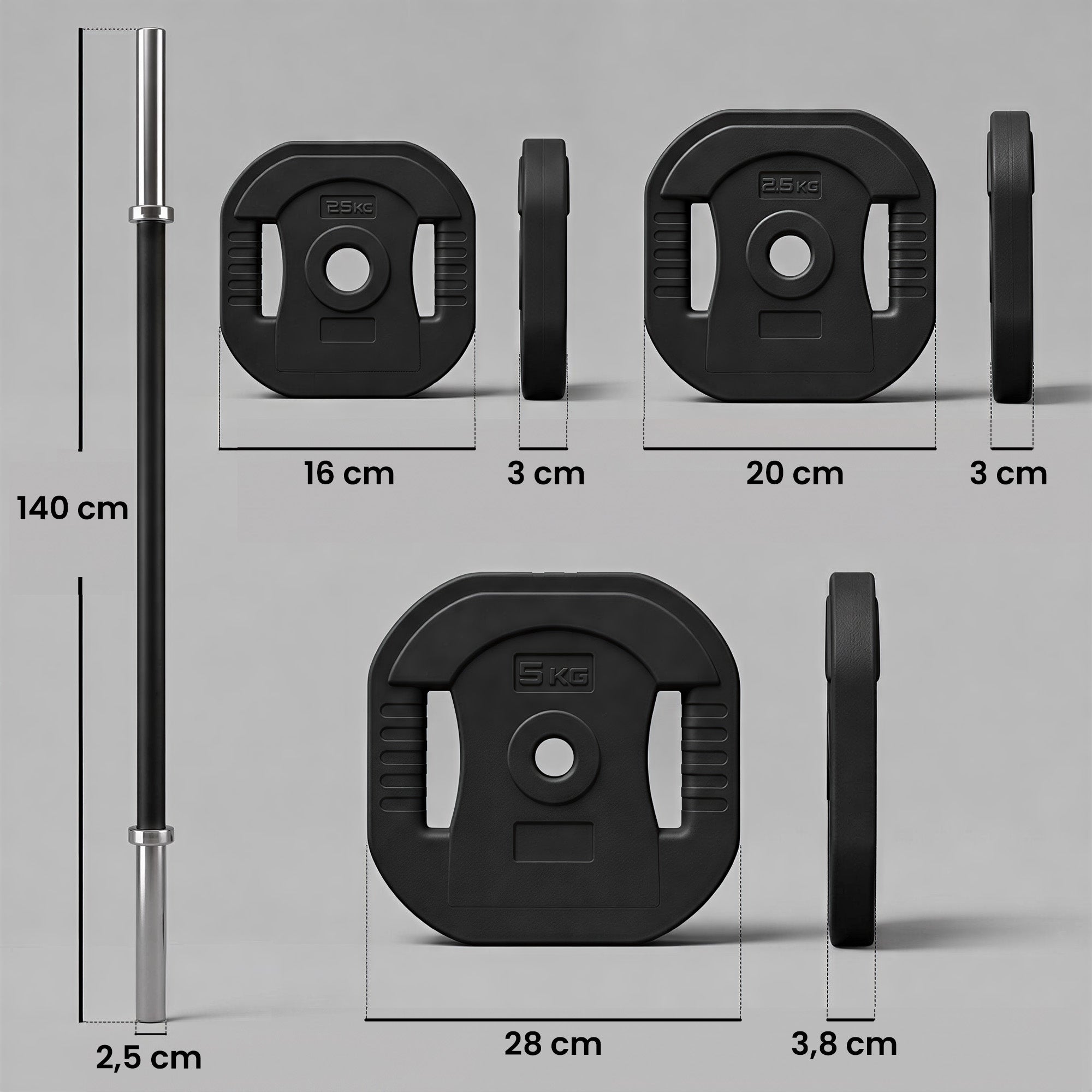 Hantel-Set 20 kg, Verstellbare quadratische Hantelscheiben mit Griffen, Rutschfester 3-teiliger Stahlgriff, Schwarz