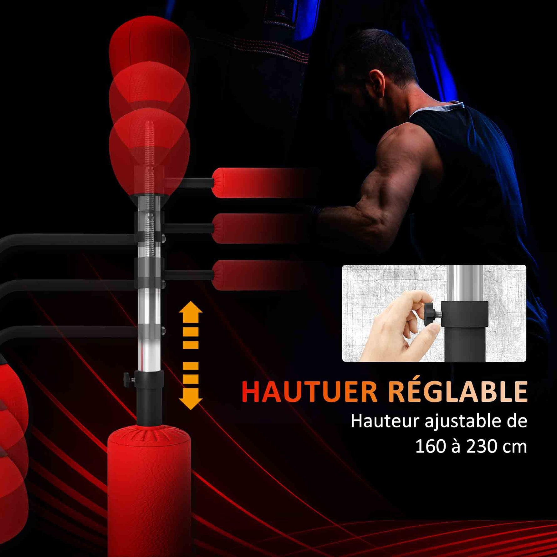 Sac de frappe sur pied 4 en 1 punching ball autonome balles de vitesse barre rotative gants 88 x 50 x 160-230 cm rouge