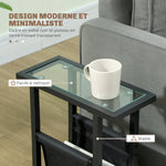 Table d'appoint étroite, bout de canapé en métal avec porte-revues et plateau en verre trempé, 40 x 18 x 55,5 cm, noir