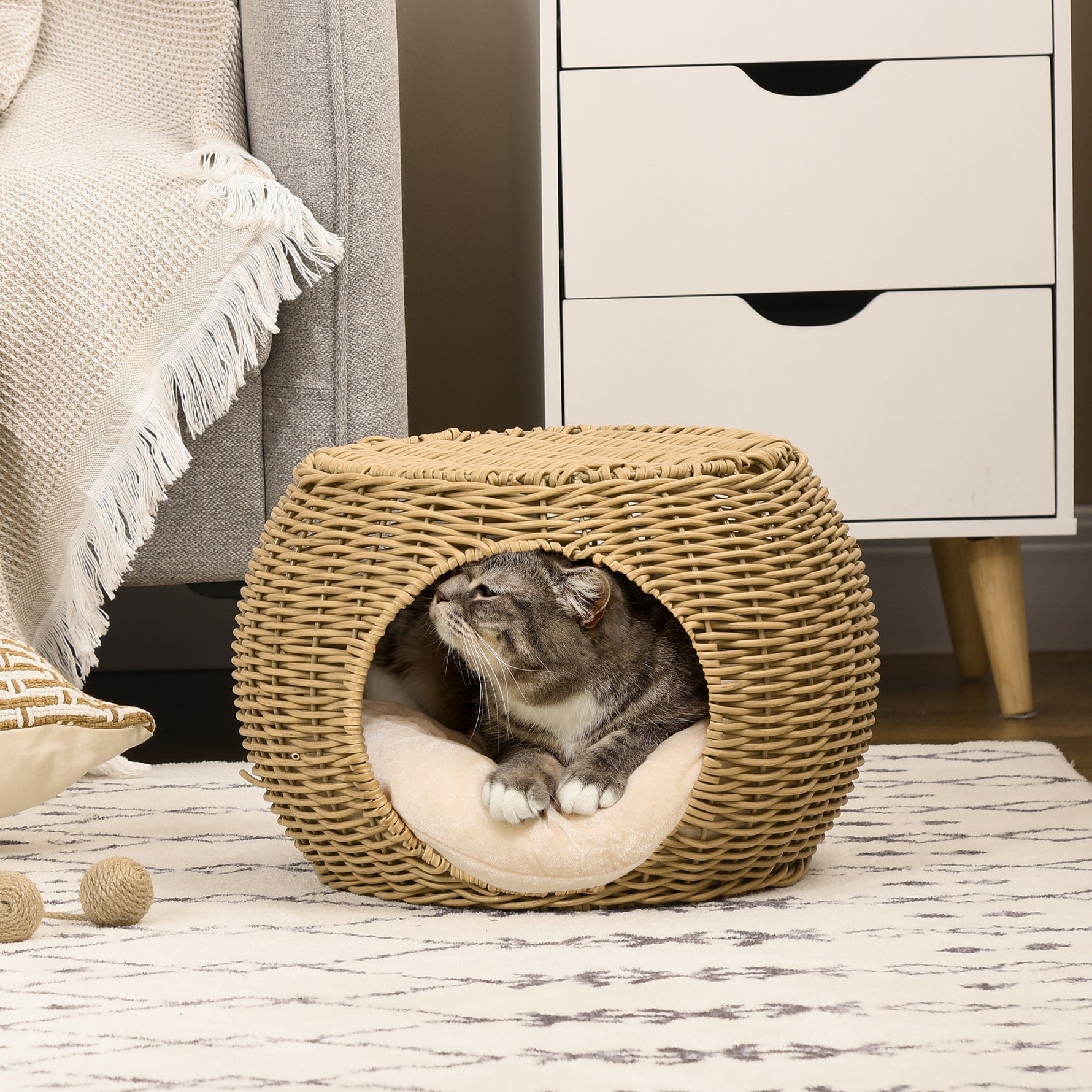 Niche panier maison pour chat 2 niveaux en résine tressée aspect rotin avec 1 coussin doux Ø 40 x 30 cm marron clair