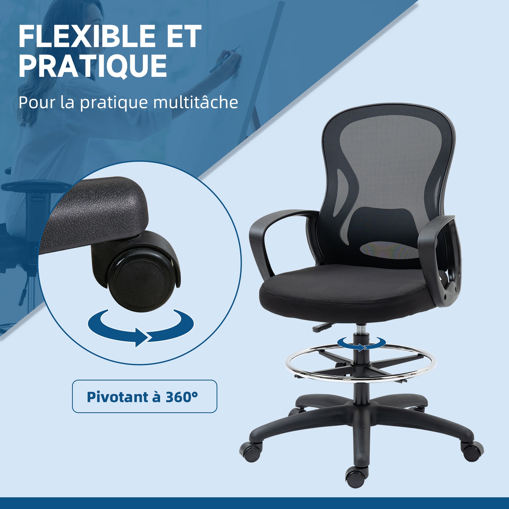 Lot de 2 fauteuils de bureau chaise de bureau assise haute réglable pivotant 360° maille respirante noir
