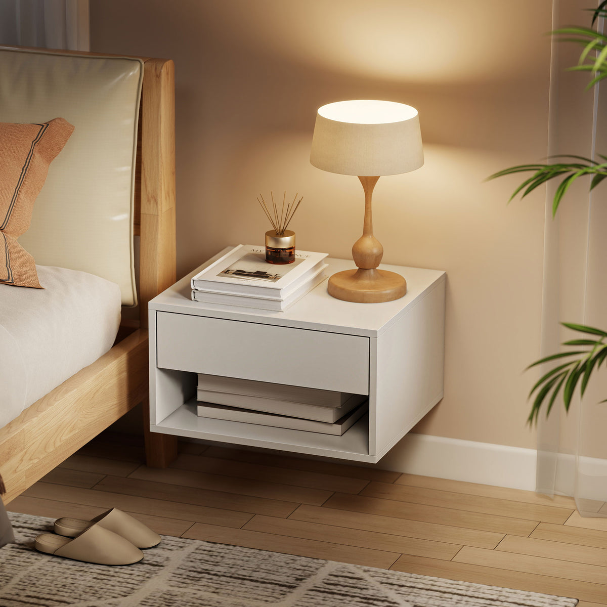 Lot de 2 tables de chevet murales, tables de nuit, tiroir, compartiment ouvert, plateau, 37 x 32 x 21 cm, blanc