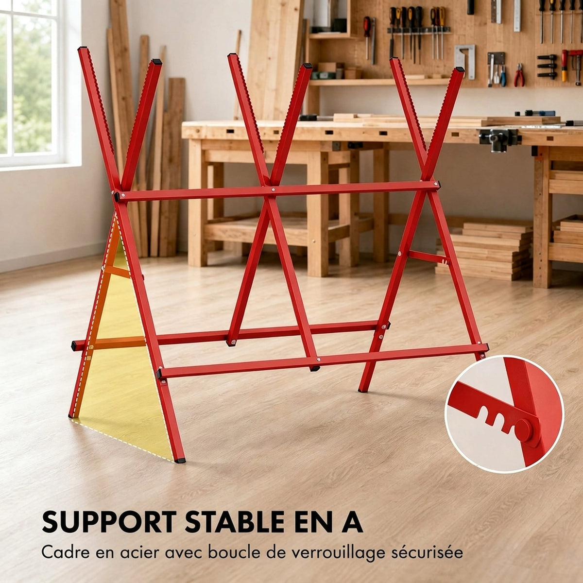 Robuuste opvouwbare stalen schraag, draagvermogen 150 kg, in hoogte en breedte verstelbaar, 102,5 x 71 x 101 cm, rood